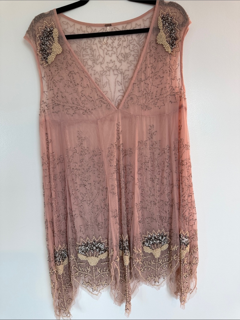 Free People Blush Pink Beaded Sheer Lace Slip